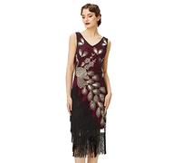 BABEYOND 1920s Vintage Peacock Sequined Dress Gatsby Fringed Flapper Dress Roaring 20s Party Dress, Gold WineRed, Small