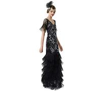 BABEYOND 1920s Women's Evening Dress Long Fringe Sequin Dress Formal Maxi Dress Multi-Layer Prom Dress, Black Silver, Medium