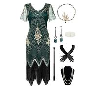 BABEYOND 1920s Women's Flapper Dress with Short Sleeves Gatsby Theme Party Women's Costume Dress Set - DarkGreen