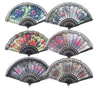 BABEYOND 6 pcs Spanish Floral Folding Hand Fan Vintage Handheld Lace Folding Fan with Different Patterns Fabric Folding Fan for Wedding Dancing Party (Color Random Selected with Spanish flower)