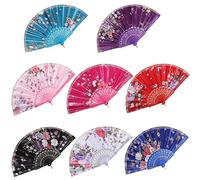 BABEYOND 8pcs Floral Folding Hand Fan Vintage Handheld Lace Folding Fan with Different Flower Patterns Fabric Folding Fan for Wedding Dancing Party (Color Random Selected with Chinese rose)