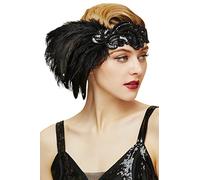 BABEYOND Feather Headpiece - 1920s Flapper Headband with Crystal Feathers - Great Gatsby Costume Accessory (Black-1)