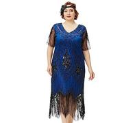 BABEYOND Great Gatsby Dresses Set for Women Plus Size Cocktail Dress 1920s Flapper Costume for Women with Accessories Set, Blue Black, 5XL Plus
