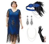 BABEYOND Great Gatsby Dresses Set for Women Plus Size Cocktail Dress 1920s Flapper Costume Set for Women, Set - Blueblack, 3X-Large Plus