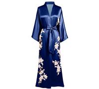 BABEYOND Kimono Dressing Gown Floral Printed Kimono Robe Long Satin Kimono Dress Cover Up for Women Wedding Pyjamas Party 135cm/53inches (Navy Blue)