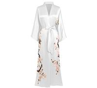 BABEYOND Kimono Dressing Gown Floral Printed Kimono Robe Long Satin Kimono Dress Cover Up for Women Wedding Pyjamas Party 135cm/53inches (White)