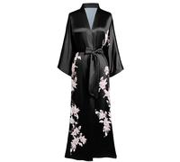 BABEYOND Kimono Dressing Gown Floral Printed Kimono Robe Long Satin Kimono Dress Cover Up for Women Wedding Pyjamas Party 135cm/53inches (Black)