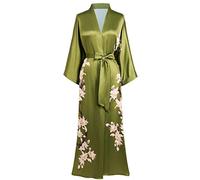 BABEYOND Kimono Dressing Gown Floral Printed Kimono Robe Long Satin Kimono Dress Cover Up for Women Wedding Pyjamas Party 135cm/53inches (Green)