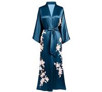BABEYOND Kimono Dressing Gown Floral Printed Kimono Robe Long Satin Kimono Dress Cover Up for Women Wedding Pyjamas Party 135cm/53inches (Darkgreen)