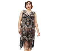 BABEYOND Ladies Plus Size 1920s V Neck Beaded Fringe Flapper Dress Great Gatsby Dress, gold, 3XL
