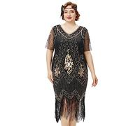 BABEYOND Plus Size 1920s Art Deco Fringed Sequin Dress Flapper Gatsby Costume Dress for Women, Black and Gold, 4XL Plus