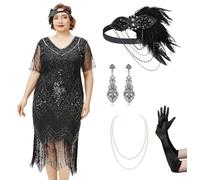 BABEYOND Plus Size 1920s Art Deco Fringed Sequin Dress Flapper Gatsby Costume Dress for Women, Set - Black