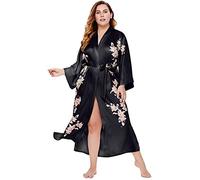 BABEYOND Plus Size Long Kimono Robe Floral Satin Robes Plus Size Kimono Cover Up Loose Cardigan Top Bachelorette Party Robe - black - XXL Plus