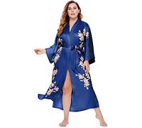 BABEYOND Plus Size Long Kimono Robe Floral Satin Robes Plus Size Kimono Cover Up Loose Cardigan Top Bachelorette Party Robe - blue - XXL Plus