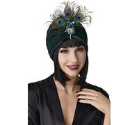 BABEYOND Ruffle Turban Hat for Women With Detachable Crystal Brooch - Feather Headwraps Knit Pleated Vintage (Darkgreen)