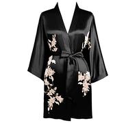BABEYOND Satin Kimono Dressing Gown Short Floral Printed Kimono Robe Long Knee Length Kimono Dress Cover Up for Women Wedding Pyjamas Party (Black)