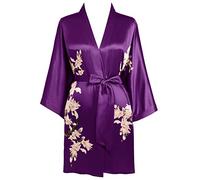 BABEYOND Satin Kimono Dressing Gown Short Floral Printed Kimono Robe Long Knee Length Kimono Dress Cover Up for Women Wedding Pyjamas Party (Purple)