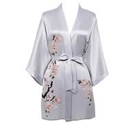 BABEYOND Satin Kimono Dressing Gown Short Floral Printed Kimono Robe Long Knee Length Kimono Dress Cover Up for Women Wedding Pyjamas Party (Gray)