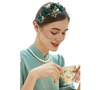 BABEYOND Veil Fascinator Hat for Women Tea Party Fascinator Hat Pillbox Hat Feather Fascinator with Pearl (DarkGreen)