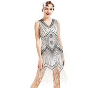 Babeyond Women’s Flapper Dress Full Sequins Retro 1920s Great Gatsby Style, V-Neck, Party Women's Dress Costume - Silver -