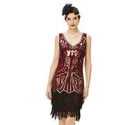 BABEYOND Women’s Flapper Dresses Set 1920s V Neck Beaded Fringed Great Gatsby Dress, Gold & Wine Red, 3X-Large