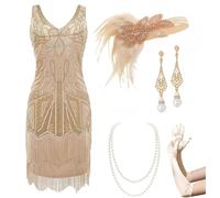 BABEYOND Women’s Flapper Dresses Set 1920s V Neck Beaded Fringed Great Gatsby Dress with Accessories Set, Set - Champagne Gold, 3XL