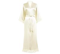 BABEYOND Women's Beige Satin Kimono Robe Long Bridesmaid Wedding Bath Robe with Lace Trim