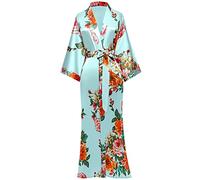 BABEYOND Women's Dressing Gown Long Satin Summer Robes, Floral Pattern Bathrobe Kimono, Cardigan Women's Long Robe Flowers Sleeping Gown Girl Pyjama Party Light Blue