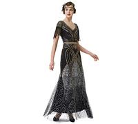 BABEYOND Women's Flapper Dress 1920s V-Neck Evening Gown Sequin Beaded Maxi Dress for Wedding, Black Gold, XL