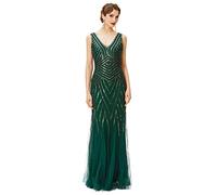 BABEYOND Women's Flapper Dress 1920s V-Neck Evening Gown Sequin Beaded Maxi Dress for Wedding, Green Gold, Medium