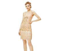 BABEYOND Women's Flapper Dresses 1920s V Neck Beaded Fringed Great Gatsby Dress, Champagne & Gold, X-Large