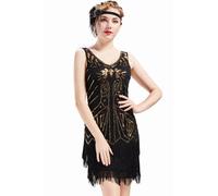 BABEYOND Women's Flapper Dresses 1920s V Neck Beaded Fringed Great Gatsby Dress, Gold Black, X-Large