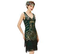 BABEYOND Women's Flapper Dresses 1920s V Neck Beaded Fringed Great Gatsby Dress, Gold & Dark Green, Large
