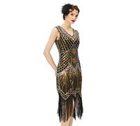 BABEYOND Women's Flapper Dresses 1920s V Neck Beaded Fringed Great Gatsby Dress (Gold, XXL)