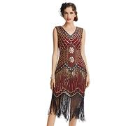 BABEYOND Women's Flapper Dresses 1920s V Neck Beaded Fringed Great Gatsby Dress (GoldWinered, XXXL)