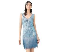BABEYOND Women's Flapper Dresses 1920s V Neck Beaded Fringed Great Gatsby Dress, Light Blue, XL