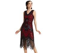 BABEYOND Women's Flapper Dresses 1920s V Neck Beaded Fringed Great Gatsby Dress (Red, XL)