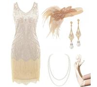 BABEYOND Women's Flapper Dresses 1920s V Neck Beaded Fringed Great Gatsby Dress, Set - Beige, X-Small