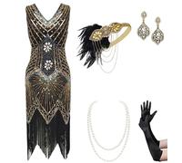 BABEYOND Women's Flapper Dresses 1920s V Neck Beaded Fringed Great Gatsby Dress, Set - Gold, Medium