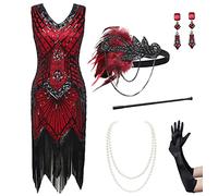 BABEYOND Women's Flapper Dresses 1920s V Neck Beaded Fringed Great Gatsby Dress, Set - Red, Medium