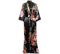 BABEYOND Women's Kimono Dressing Gown Satin Kimono Cardigan Long Printed Robe Chinese Japanese Style for Nightwear Bonding Party Wedding Pajama Party, Black, One Size