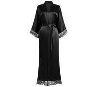 BABEYOND Women's Kimono Dressing Gown Satin Kimono Robe Kimono Bridesmaid Bath Robe with Lace Trim for Nightwear Girl's Bonding Party Wedding Pajama Party(Black)