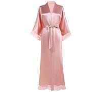 BABEYOND Women's Kimono Dressing Gown Satin Kimono Robe Long Kimono Bridesmaid Bath Robe with Lace Trim for Nightwear Girl's Bonding Party Wedding Pajama Party(AllPink)