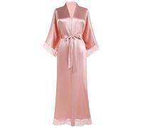 BABEYOND Women's Kimono Dressing Gown Satin Kimono Robe Long Kimono Bridesmaid Bath Robe with Lace Trim for Nightwear Girl's Bonding Party Wedding Pajama Party(AllPink)