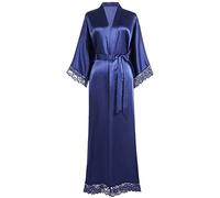 BABEYOND Women's Kimono Dressing Gown Satin Kimono Robe Long Kimono Bridesmaid Bath Robe with Lace Trim for Nightwear Girl's Bonding Party Wedding Pajama Party(Blue)