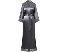 BABEYOND Women's Kimono Dressing Gown Satin Kimono Robe Long Kimono Bridesmaid Bath Robe with Lace Trim for Nightwear Girl's Bonding Party Wedding Pajama Party(Silvergray)
