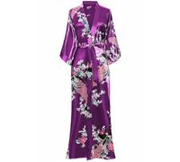 BABEYOND Women's Kimono Robe Long Robes With Peacock and Blossoms Printed - Purple -