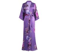 BABEYOND Women's Kimono Robe Long Satin Silky Floral Lightweight Bridesmaid Wedding Bachelorette Party Robe, Purple, Onesize Plus