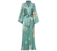 BABEYOND Women's Long Kimono Dressing Gown Satin Floral Kimono Robe Long Chinese Japanese Style for Nightwear Girl's Bonding Party Wedding Pajama Party(Style-2-SilverGreen)