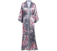 BABEYOND Women's Long Kimono Robes Dressing Gown Satin Floral Kimono Robe Long Chinese Japanese Style for Nightwear Girl's Bonding Party Wedding Pajama Party(Style-2-Gray)